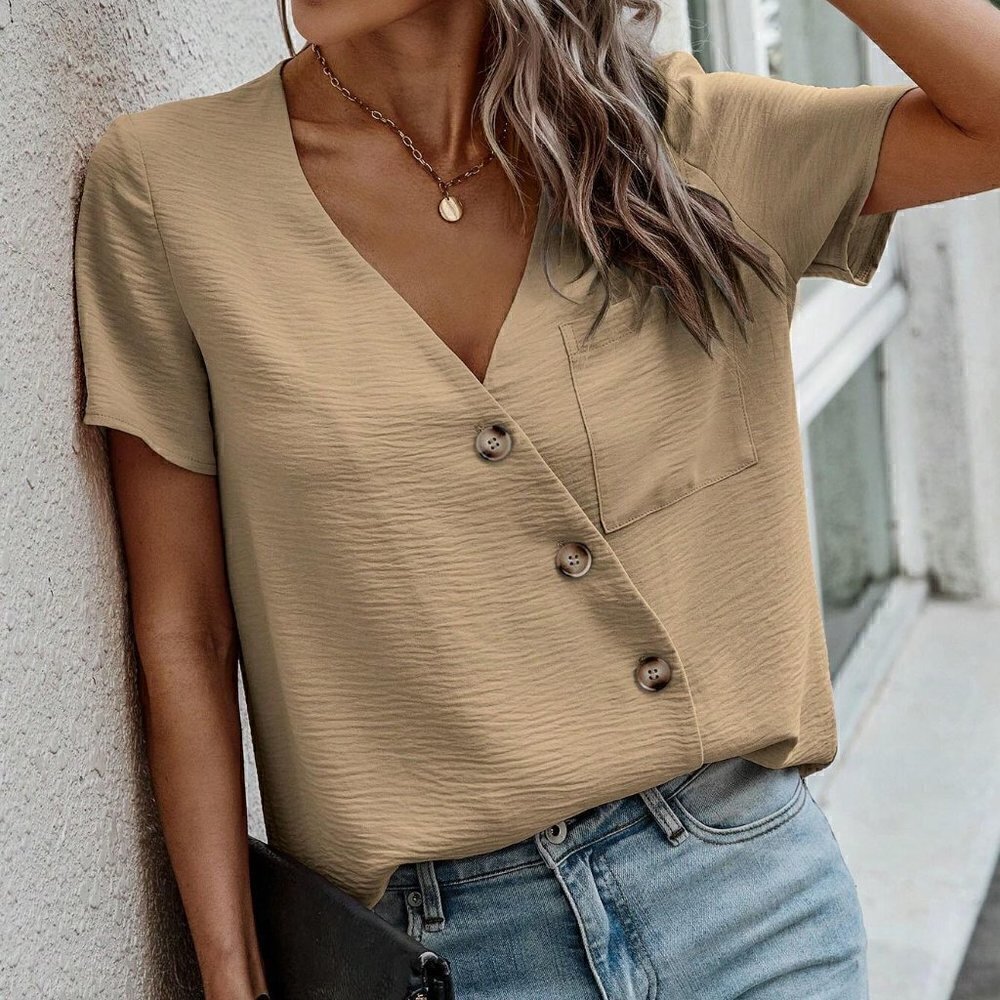 Khaki Womens Casual Solid Button Front Pocket Patched Blouse